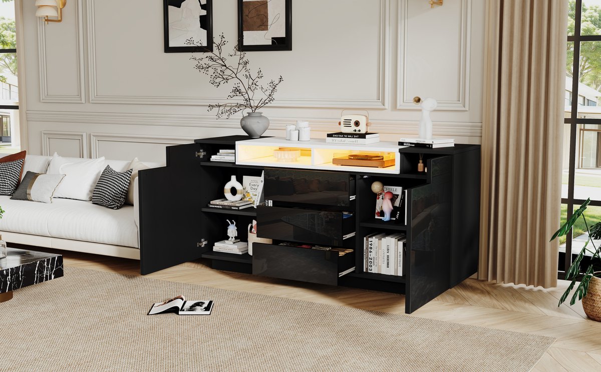 STILVORA Dressoir Met Hoogglans Front, LED Verlichting En 3 Lades, 2 Deuren En Open Vakken Voor Woonkamer, Hout, Zwart, 140x40x68 Cm