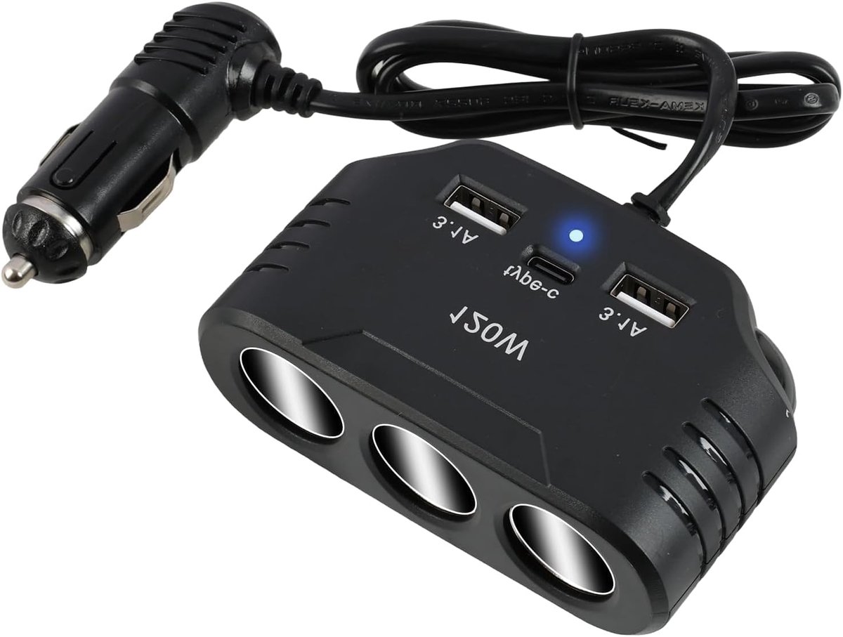 SnelShoppen - 120W Sigarettenaansteker Adapter met 3 Stopcontacten, 2 USB-A en Type-C Poort, Snelladen, LED Indicator voor Auto, Veilig en Handig voor