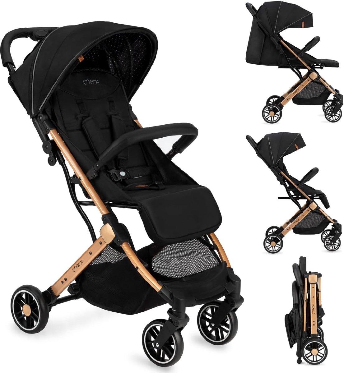 Kinderwagen voor kinderen tot 15 kg - zwart en goud - opvouwbaar - ideaal voor dagelijkse wandelingen - ShopVlot