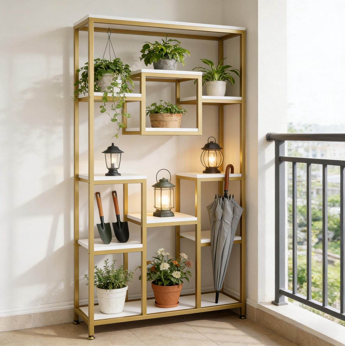 MIVRAY Boekenkast Geometrisch Open Design 90 bij 34 bij 182 cm Metaal Hout Goud Wit Vrijstaand Voor Woonkamer En Slaapkamer