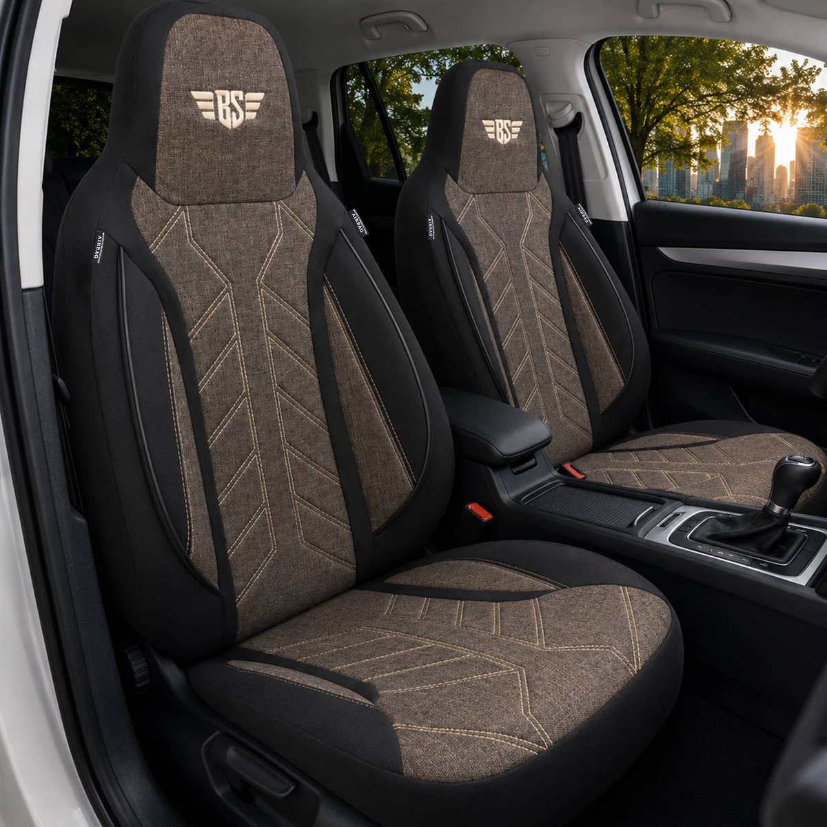 Autostoelhoezen voor VW Touran BJ 2003-15 – Stoelhoezen voor bestuurder en passagier in Zwart/Bruin
