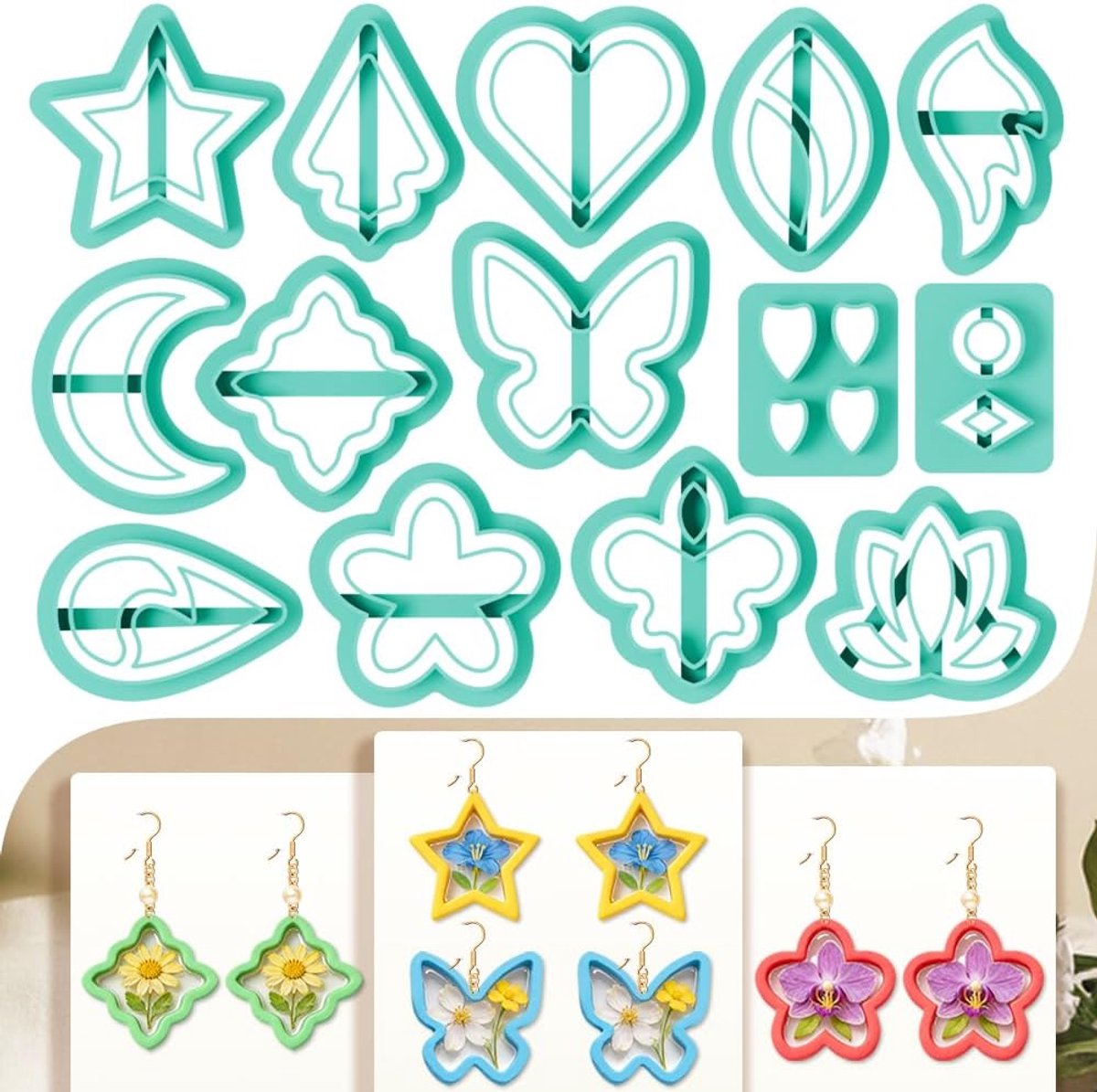 Polymeerklei uitsteekvormen set 14-delig - natuurmotieven - voor het maken van oorbellen - ShopVlot