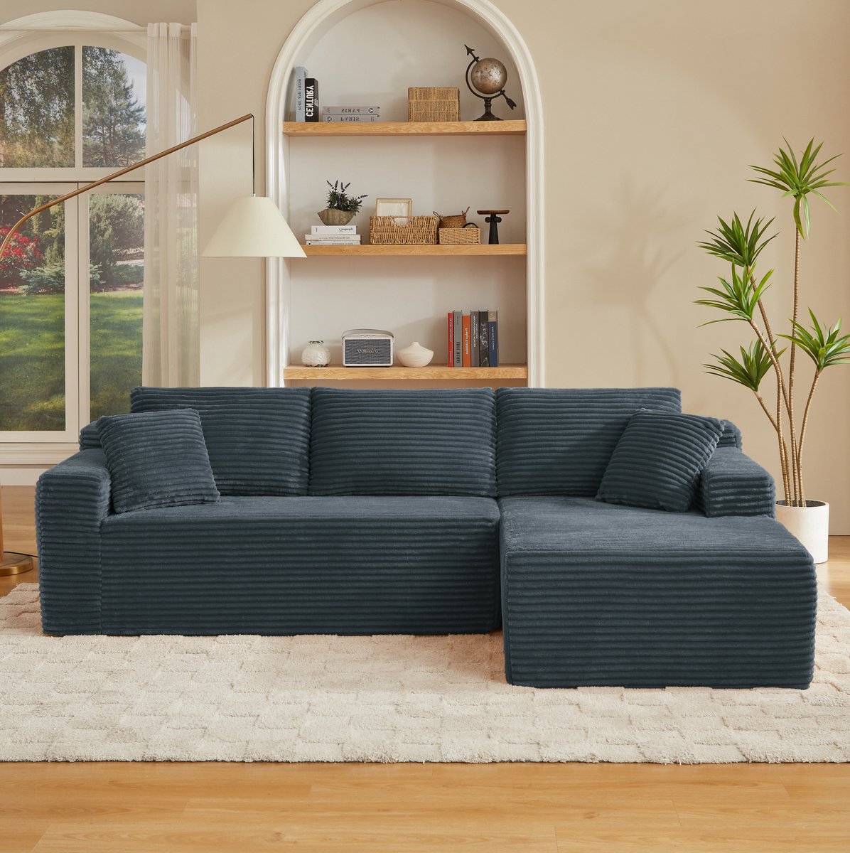 REDOM Hoekbank - Modulaire L-vormige bank met chaise rechts - 4-zits - Stof - Gestreept - Woonkamer - Donkergrijs - 252,5 x 163 x 65 cm
