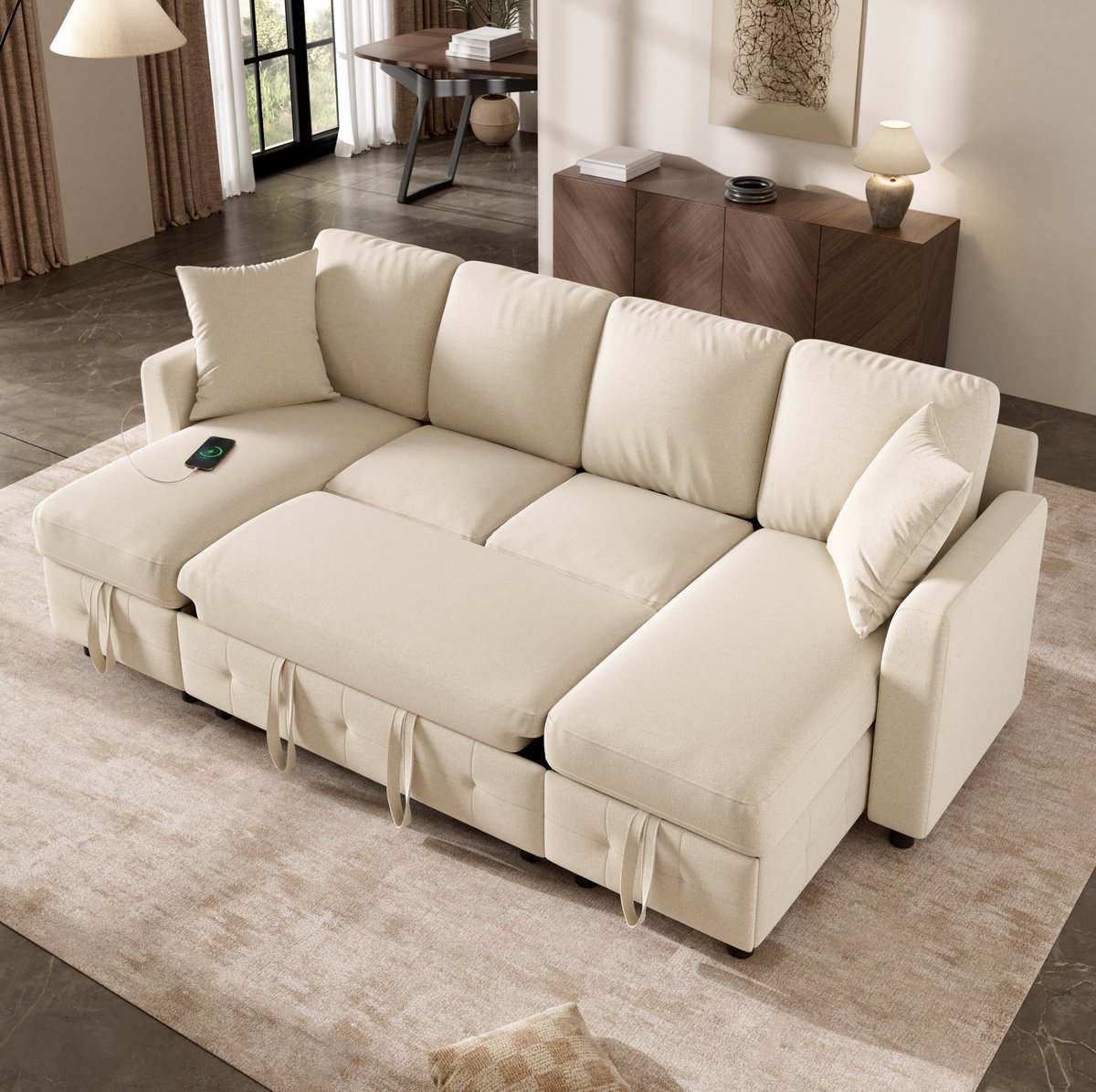 OKWISH U-Bank – 4-Zits Slaapbank Met Uittrekfunctie – Met 2 Opbergchaises, USB En Type-C Aansluiting – Voor Woonkamer Of Logeerkamer – Chenille – Beige
