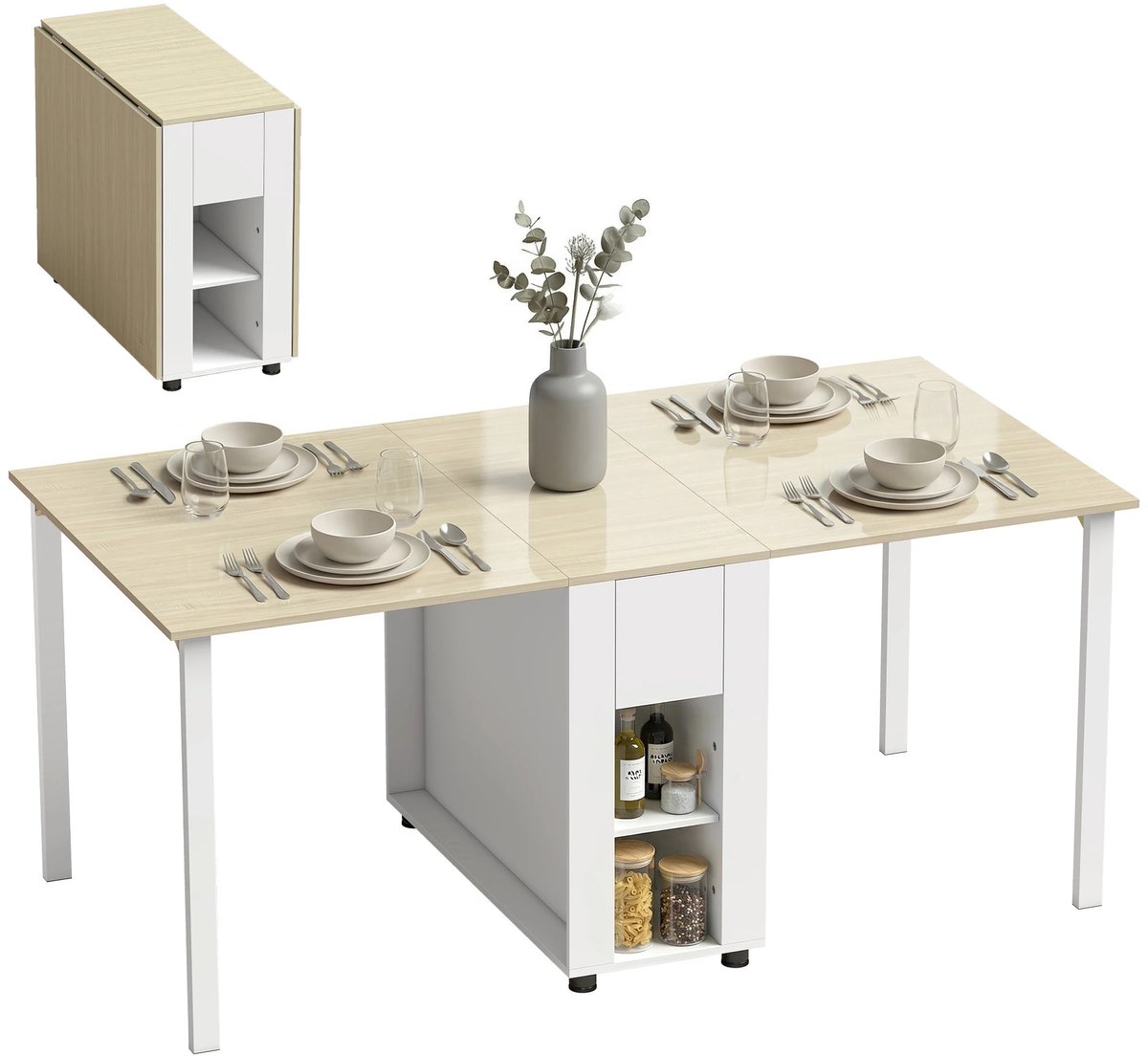Archi Eettafel - Klaptafel - Met Opbergruimte – Uitschuifbaar - 168x85 cm – 2 Laden - 4 Opbergvakken – Voor 4-6 Personen – Wit/Houtlook