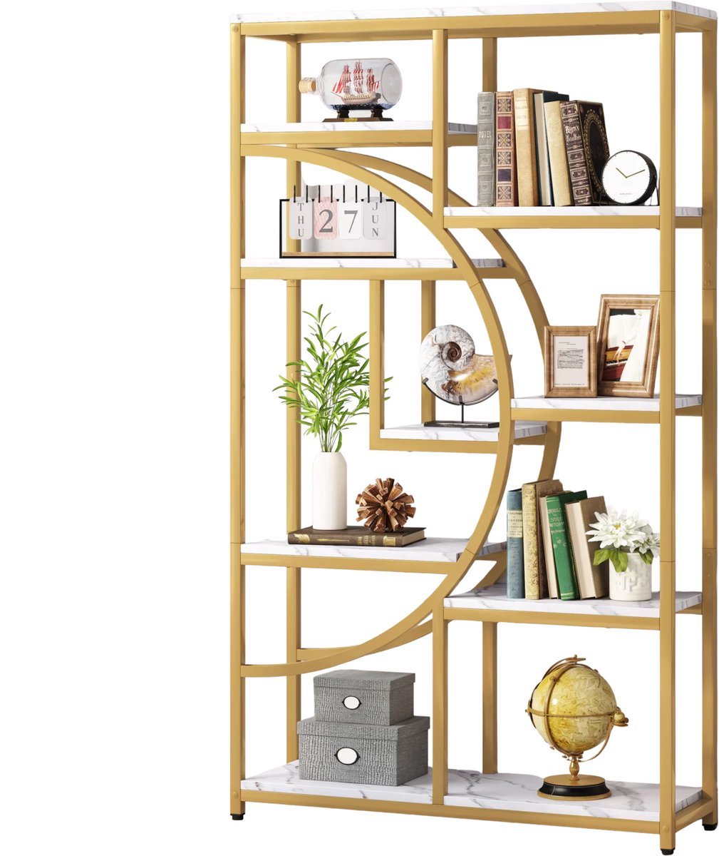 Boekenkast Goud - Met 5 Lagen en Marmerlook - Geschikt voor Woonkamer, Slaapkamer en Kantoor