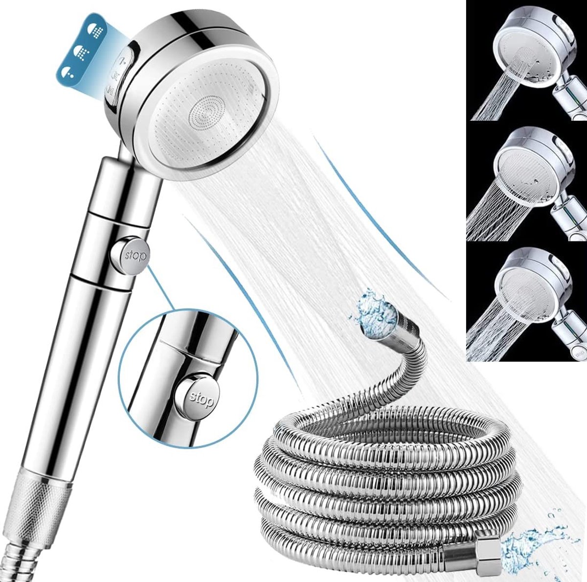 Dailygoods - Handdoucheset met Instelbare Douchekop en Slang - 3 Sproeimodi, Waterbesparend, Zilver