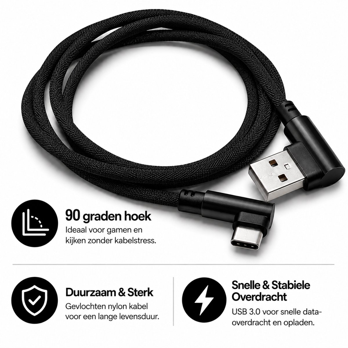 USB 3.0 Naar USB-C - met 90 graden hoek - Apple iPhone - Samsung - USB Kabel - Oplaadkabel - Lader - Laadkabel - Universeel
