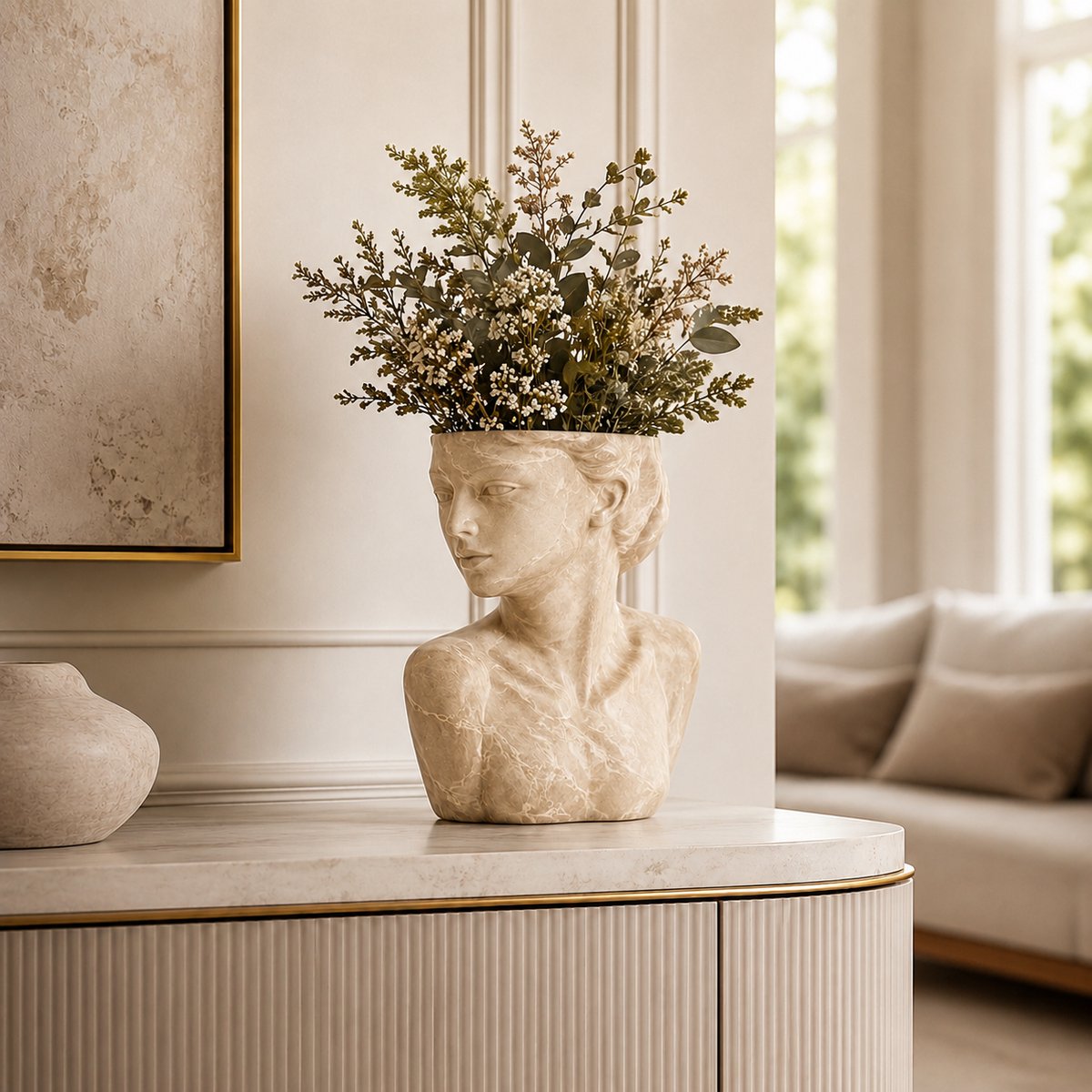 Zirkle Beeld Vrouw Buste Vaas – Beige Marmerlook – 19,5x24x11 cm – Decoratief Vrouwenhoofd Ornament – Bloempot, Plantenpot & Vaas voor Droogbloemen – Luxe Woondecoratie voor Dressoir, Kast, Tafel of Vensterbank
