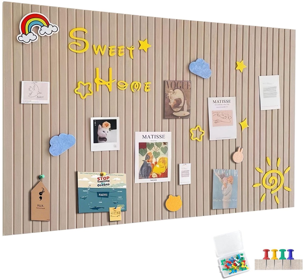 Dailygoods - Groot vilten prikbord 90x60 cm - Zelfklevend viltbord met 30 priknaalden