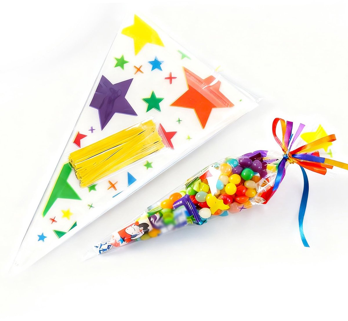 Dailygoods - Set van 100 Transparante Zakjes voor Snoep - Cellofaankegels met Lint
