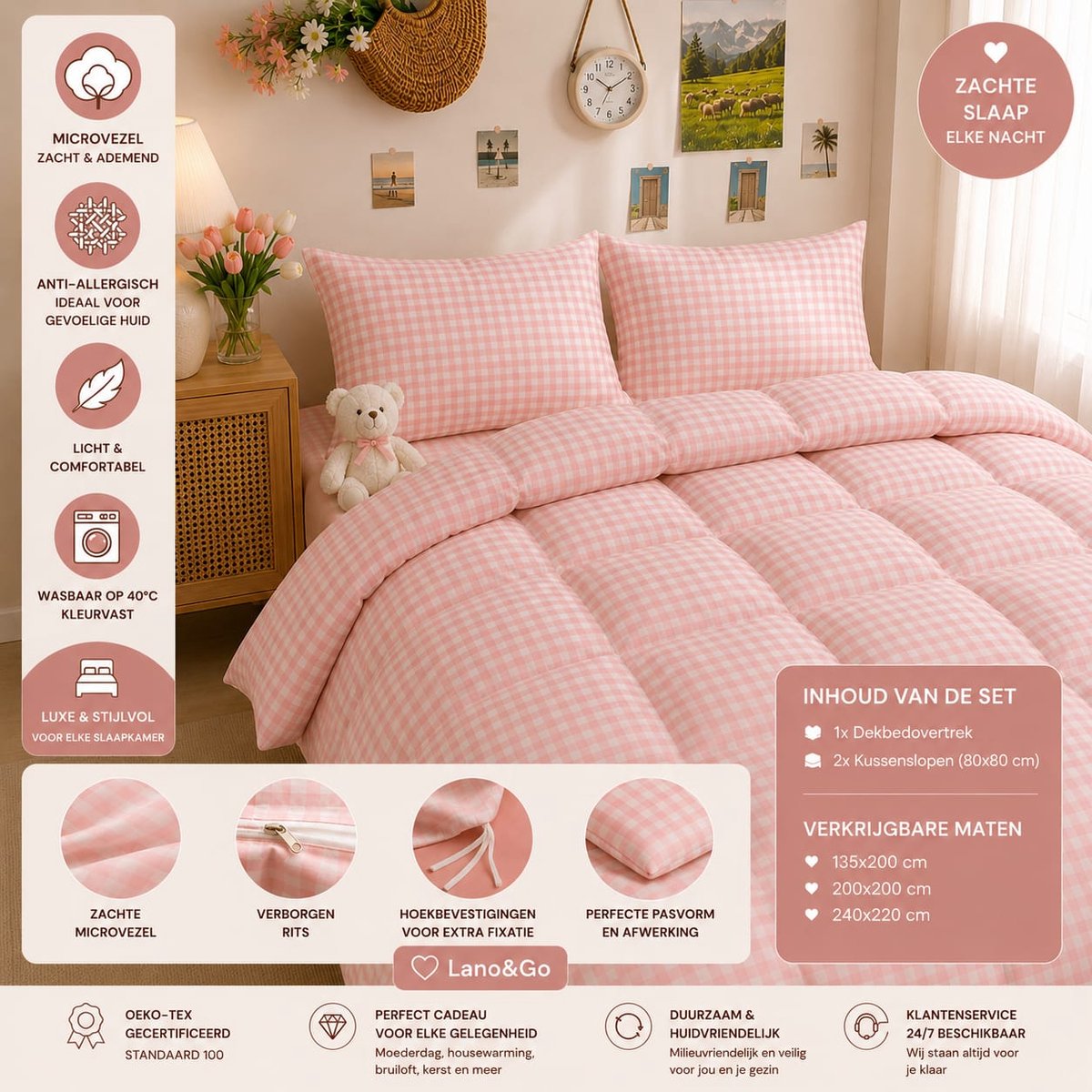 Beddengoed 200 x 220 cm, roze-wit geruit, allergie-beddengoed microvezel, Oeko-Tex set met dekbedovertrek met ritssluiting en 2 kussenslopen 80 x 80 cm