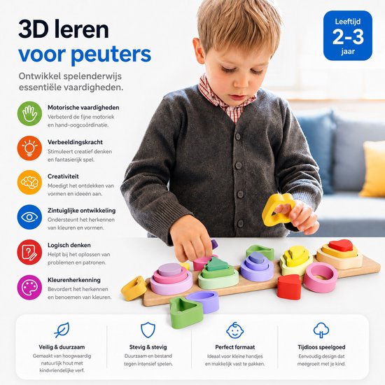 Tolvia Montessori Houten Stapelspeelgoed - Fruit Stapel Puzzle voor Peuters - Educatief Speelgoed 2-3 Jaar - Fijne Motoriek & Kleuren Herkennen — afbeelding 3