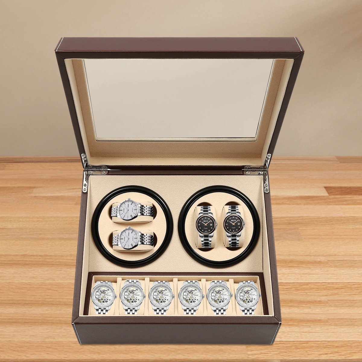 UFTA Horlogewinder 4+6 Vakken - Automatische Horlogedoos Leer - Horlogeopwinder voor 10 Horloges - Met Glazen Deksel - Bruin