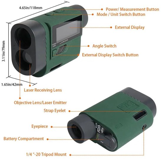 Emvae Golf Rangefinder - Afstandsmeter Golf - Laser Rangefinder Golf - 1000 m - 6x Zoom - LCD - Groen — afbeelding 2