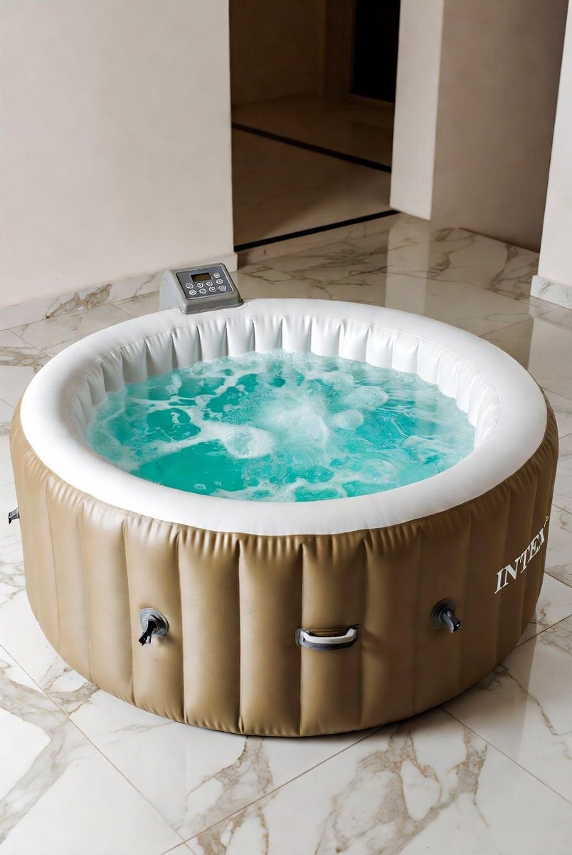 Bubble + Massage Whirlpool Rond Ø196x71 cm voor 4 Personen – Bruin/Beige Opblaasbare Jacuzzi – 795 Liter – 120 Krachtige Sproeiers – Medahomestore