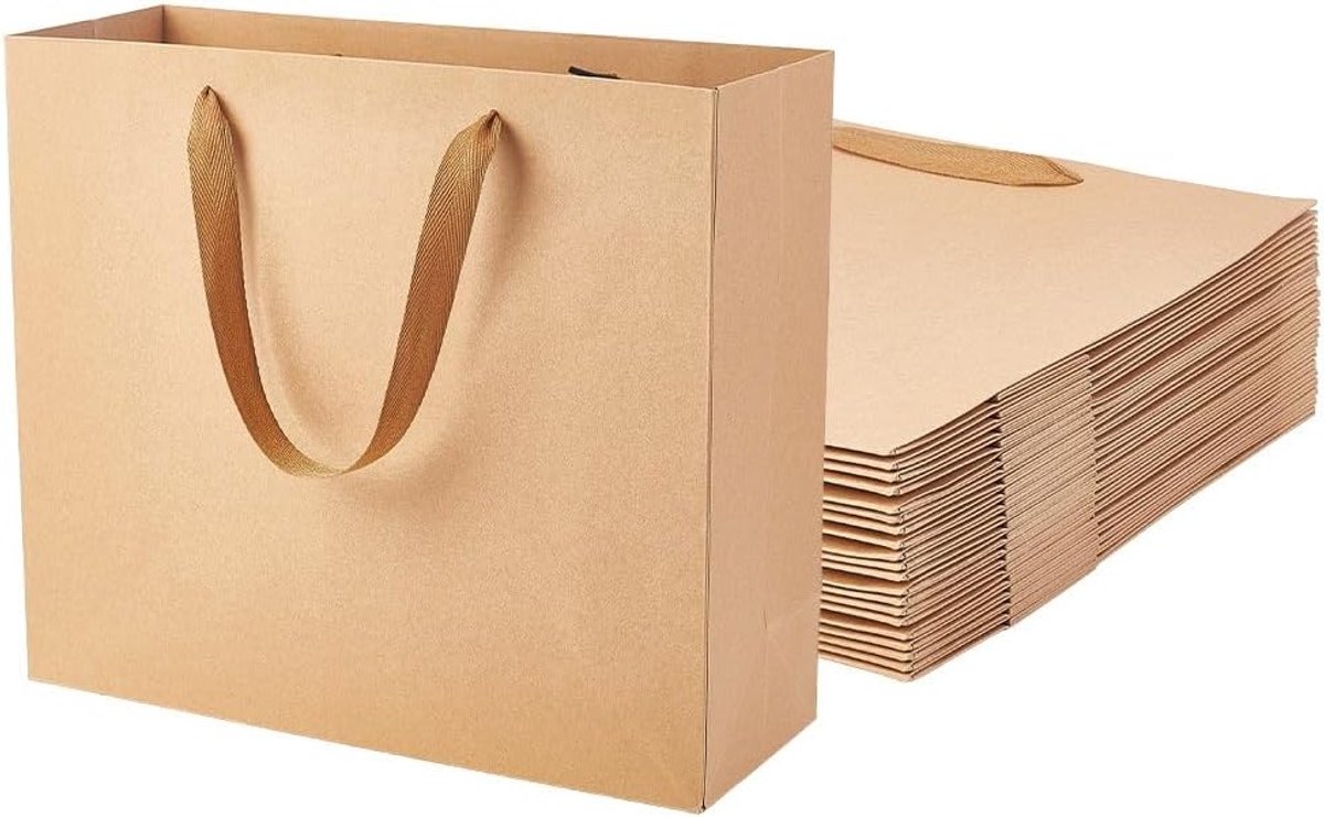 Grote bruine geschenkzakjes van 32 x 11,5 x 28 cm, versterkt met handgrepen, ideaal voor winkelen, feesten en cadeauverpakkingen