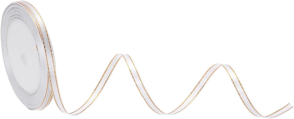 Satin Lint 25m 1/4 Inch met Gouden Rand voor Cadeauverpakking, Bruiloften en Bloemstukken in Wit