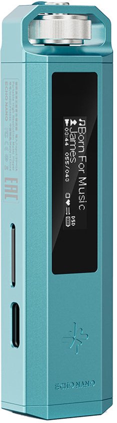 Lichtblauwe Snowsky Echo Nano muziekspeler met zwart scherm waarop "Born For Music" en "James" staat.
