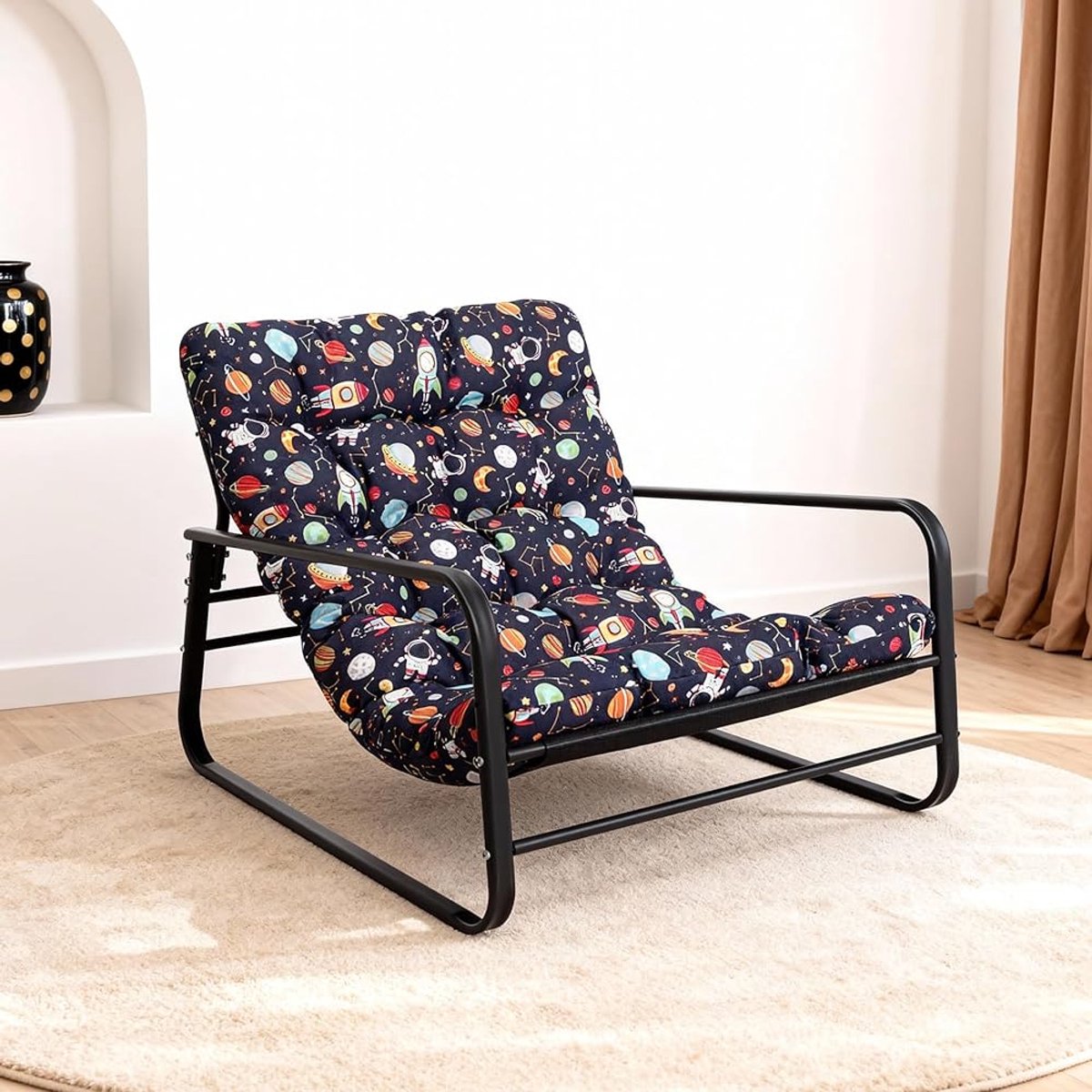 HomeMiYN Industriële 1-Zits Bank – Stalen Buis Frame Fauteuil – Sterrenhemel Design Stoel – Galaxy Print Bekleding – Comfortabele Lounge Stoel voor Woonkamer