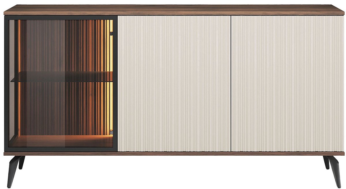 Vente-unique Dressoir 3 deuren met leds in MDF en gerookt glas - Beige en Donker Naturel - JANEYA Natuurlijk donker, Beige