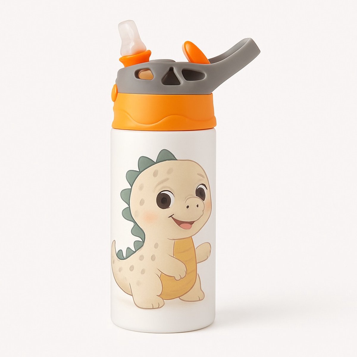 Lichte Scandinavische Dino Cartoon Drinkfles – Leuke Drinkfles voor Kinderen en Dino Fans - Waterfles voor kinderen (wit/oranje)
