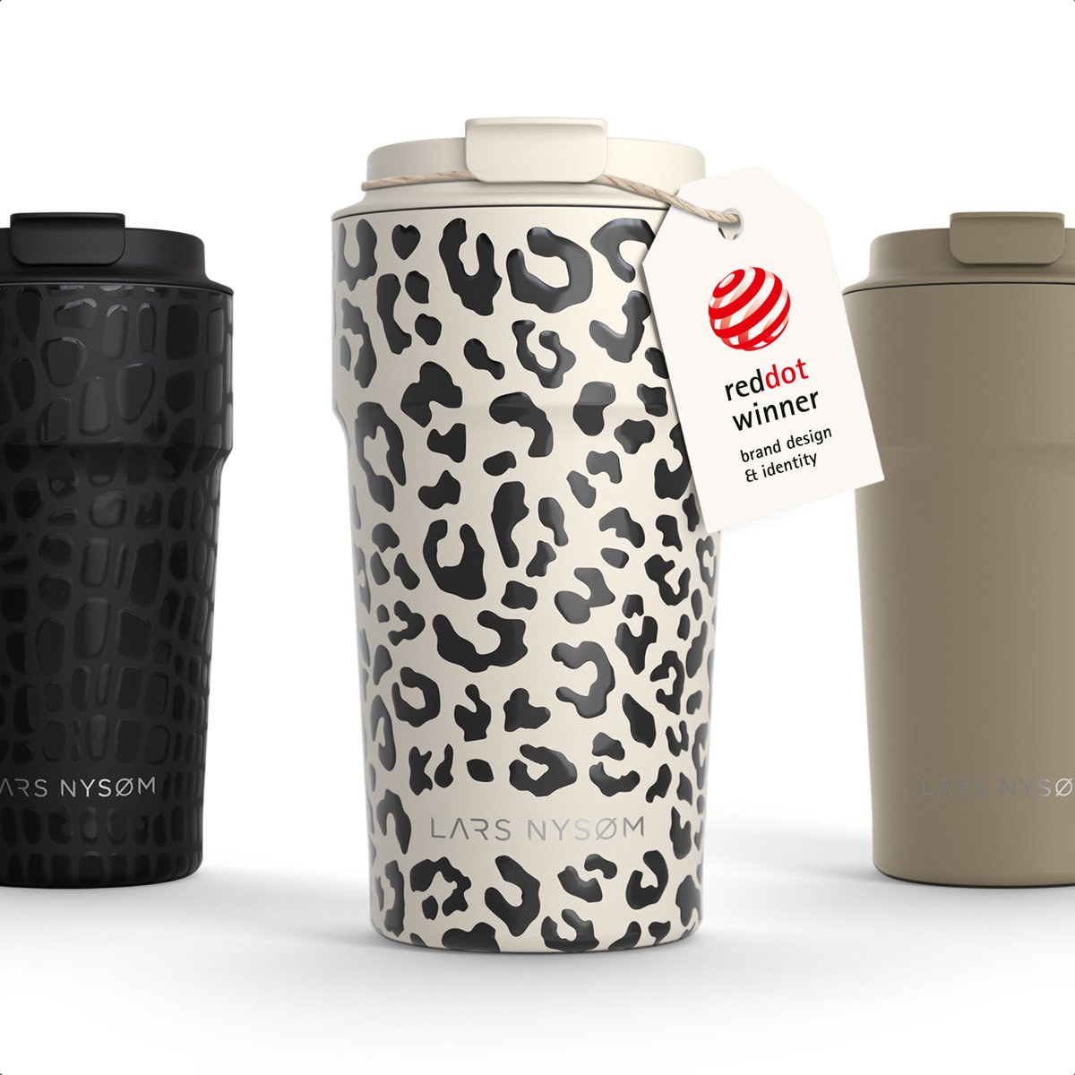 LARS NYSØM Bevægelse Thermos Coffee Mug-to-go 500ml - BPA-vrij met Isolatie - Lekvrije Roestvrijstalen Thermosbeker (Cream Beige/Leopard/Gloss Black)
