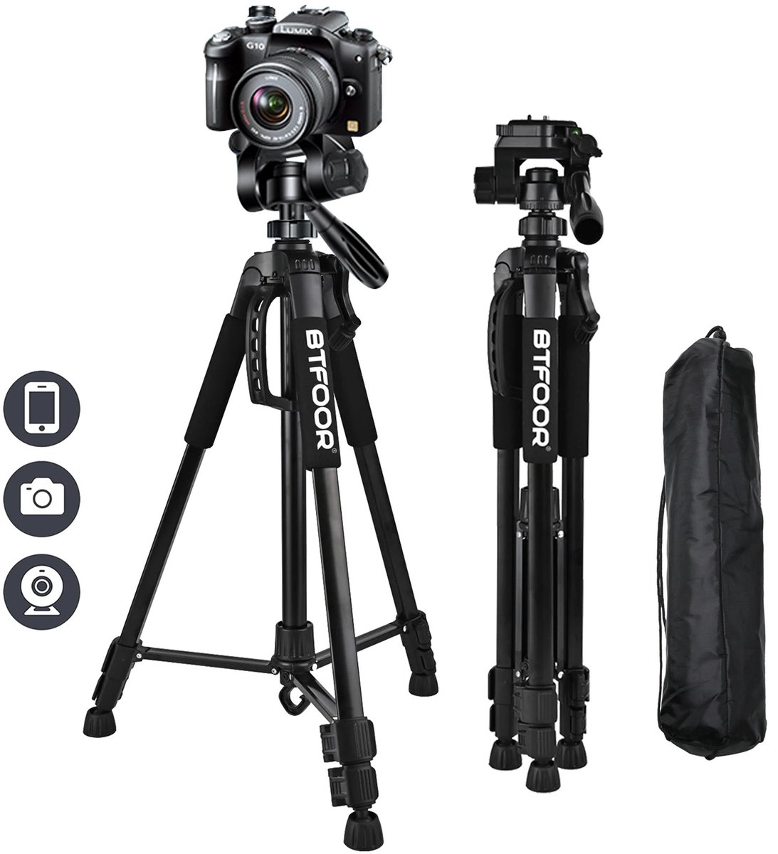 UFTA Camera Statief 53-140cm - Telefoonstatief met Telefoonhouder - Lichtgewicht Aluminium Tripod - 360 Graden Statiefkop - Zwart