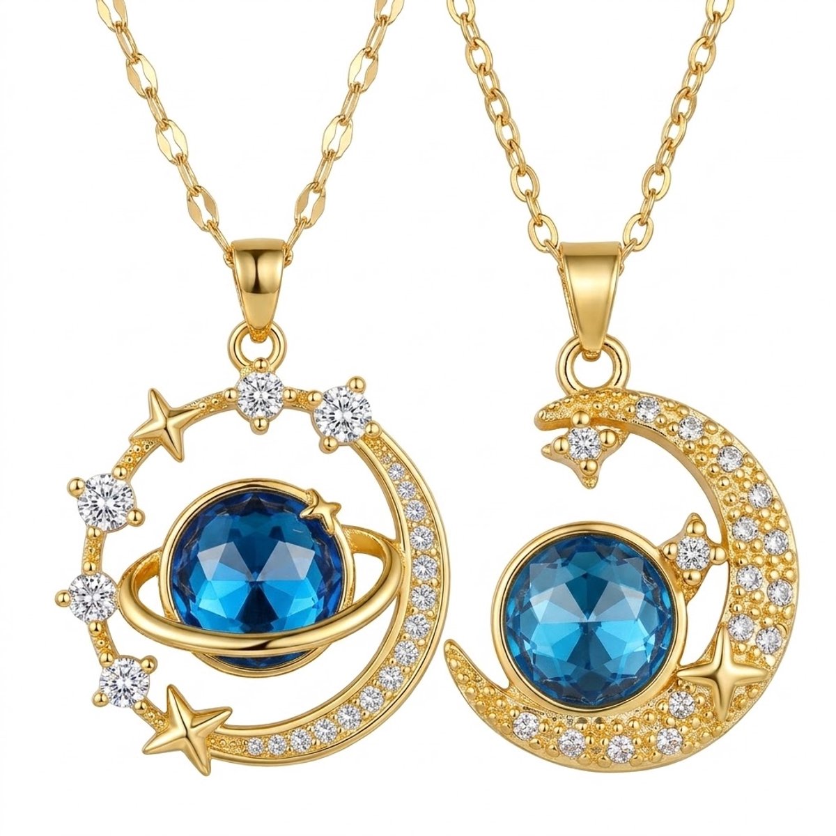 2-delige dames ketting set met maan- en planetenbedels – goudkleurig met blauwe hemelmotieven en steentjes