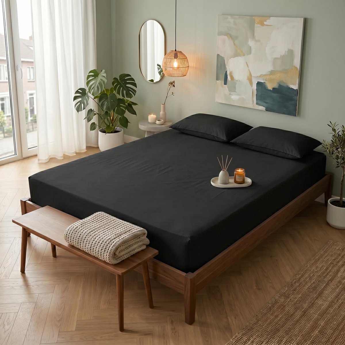 Saphira SOFT Geweven Katoen Hoeslaken – Zwart – 180x200 cm – Tweepersoon – 30 cm Matrashoogte – 100% Katoen – 360° Elastiek Rondom – Glad, Ademend & Zacht