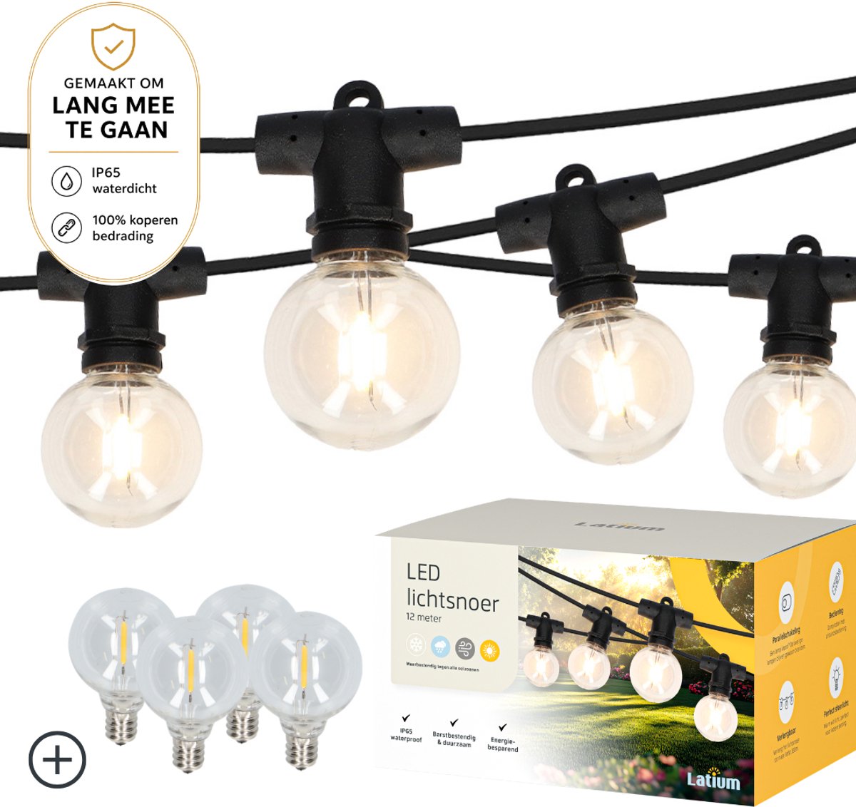 Latium IP65 Waterdicht Lichtsnoer 12m - Energiezuinig en Verlengbaar - Prikkabel - Lichtslinger Sfeerverlichting voor Buiten en Binnen - Warm Wit 2700K - 4 Extra LEDS