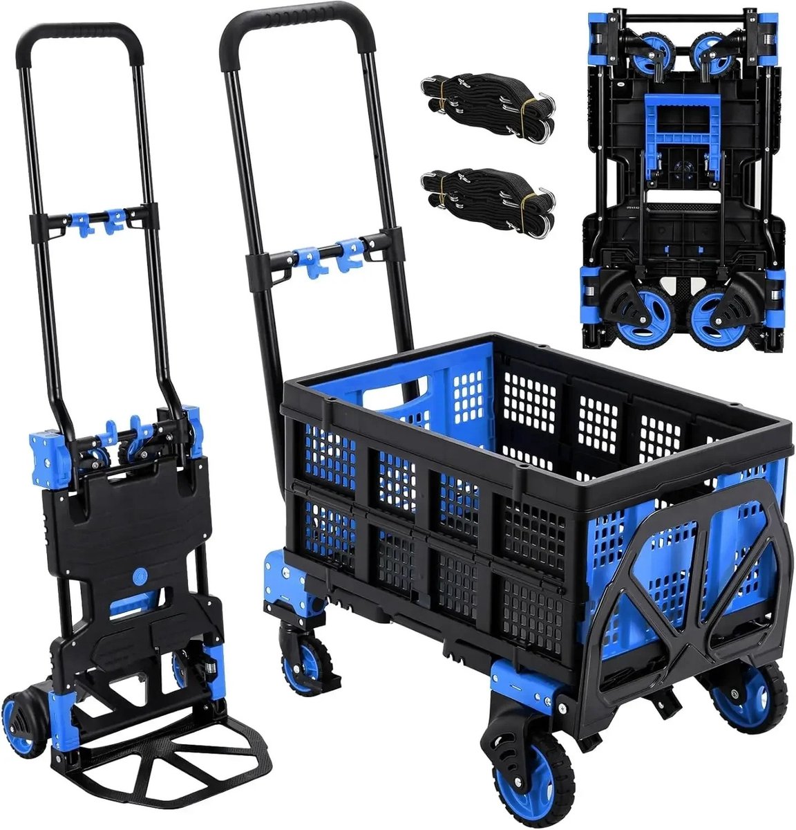 TamTrade Plateauwagen - Transportkar - Plateauwagen - Opvouwbaar - 2 in 1 Ontwerp - Verstelbare telescopische handgreep - Blauw