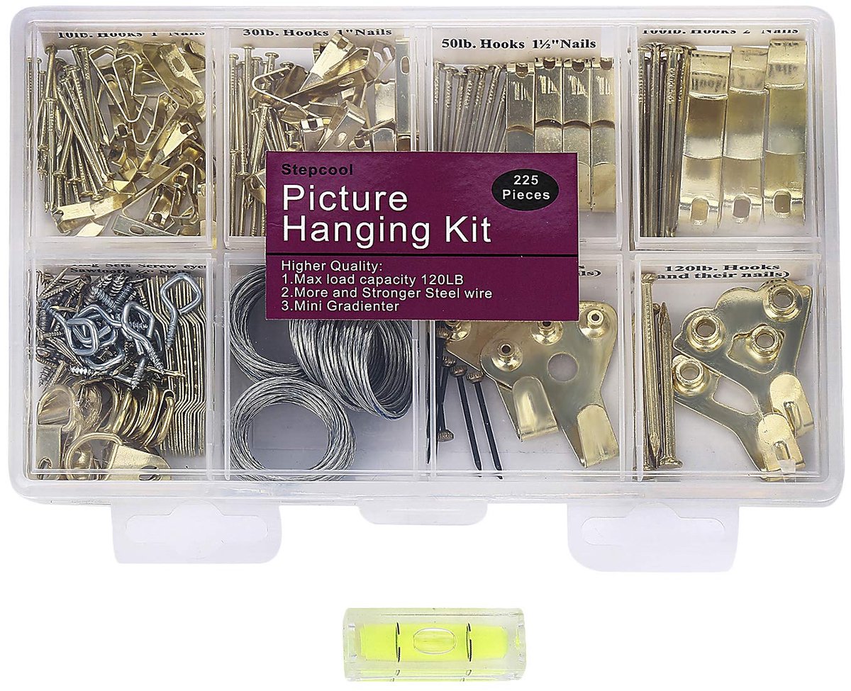 SnelShoppen - Foto Hangers Kit - 225 Stuks Zware Frame Haken Hardware met Spijkers, Opknoping Draad, Schroef Ogen, D-Ring en Zaagtand voor Wandmontage
