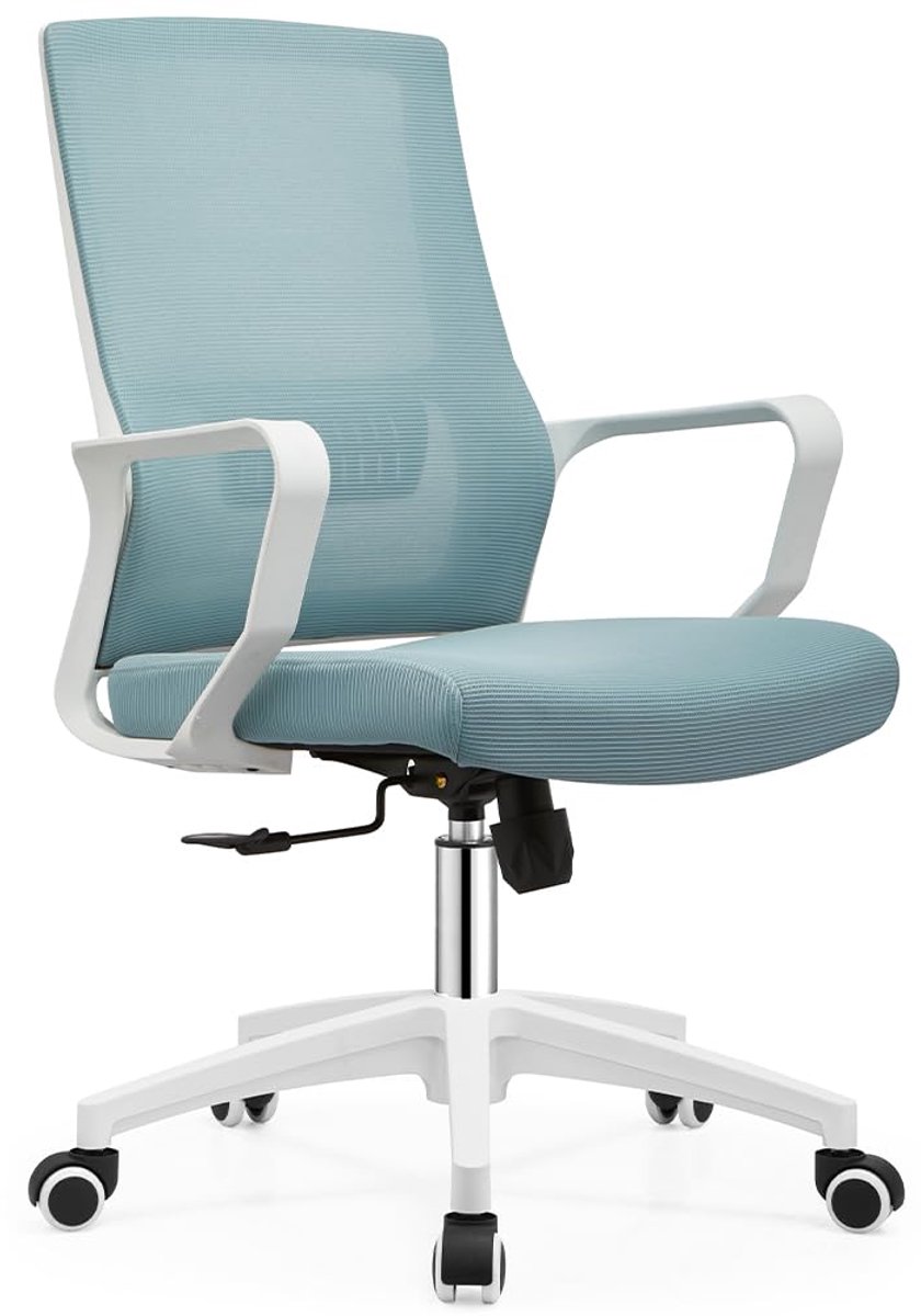 SnelShoppen - Ergonomische Draaistoel met Lendensteun, Bureaustoel in Hoogte Verstelbaar, Stabiele Witte Basis, Zweetbestendige Rugleuning, Blauw, Mod