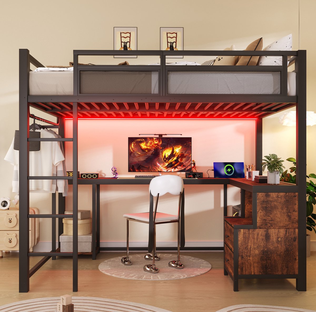 DESMIU Hoogslaper 140x200 cm – Met Ledverlichting En Usb-Laadstation – Met Bureau En Opbergvakken – Zonder Matras – Metaal En Houtlook – Zwart