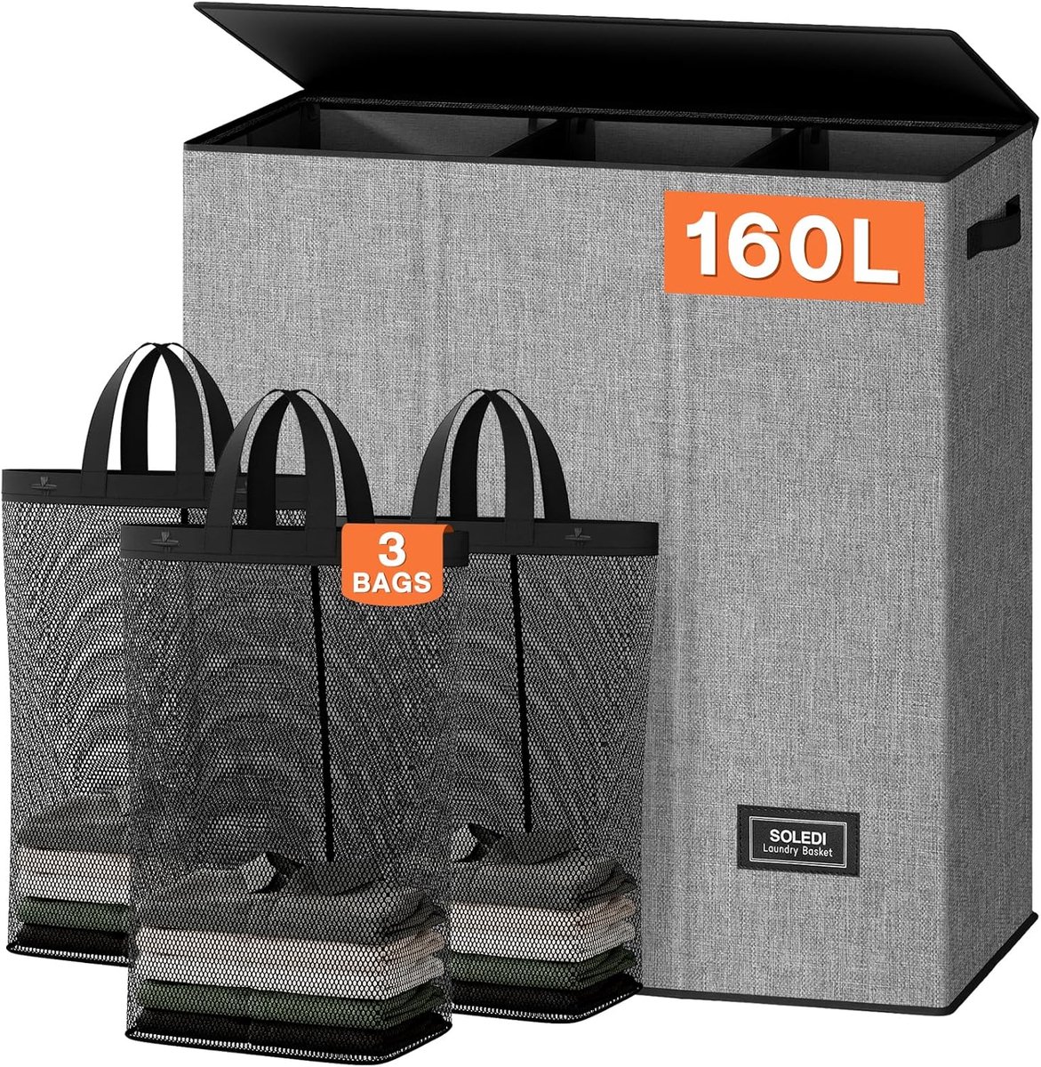 SnelShoppen - Wasmand 160L met 3 Vakken en Deksel - Wasverzamelaar Groot XXXL met 3 Waszakken - Ideaal voor Badkamer, Slaapkamer, Waskamer en Kinderka