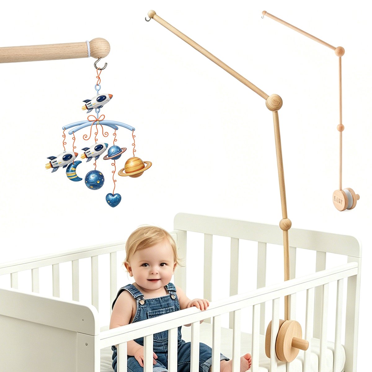 Houten Babywiegmobiel Standaard - Babywiegmobiel Houder - 360° Draaibaar & Verstelbaar - Natuurlijk Beukenhout - Antislip & Kantelbestendig - DIY Ophangframe - Voor Wieg, Box & Commode