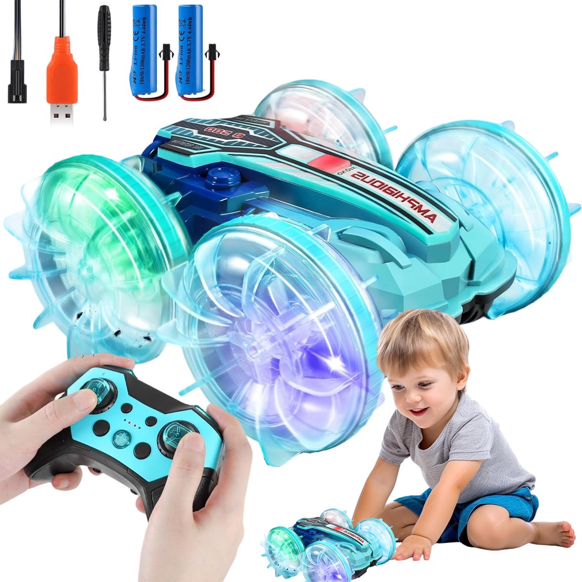 Amfibische Stuntauto - 2.4G Waterdicht Dubbelzijdig - 2x 1200mAh Accu & 2 Uur Speeltijd - LED Verlichting & 40m Bereik - ABS Valbestendig - Voor Water, Zand & Gras