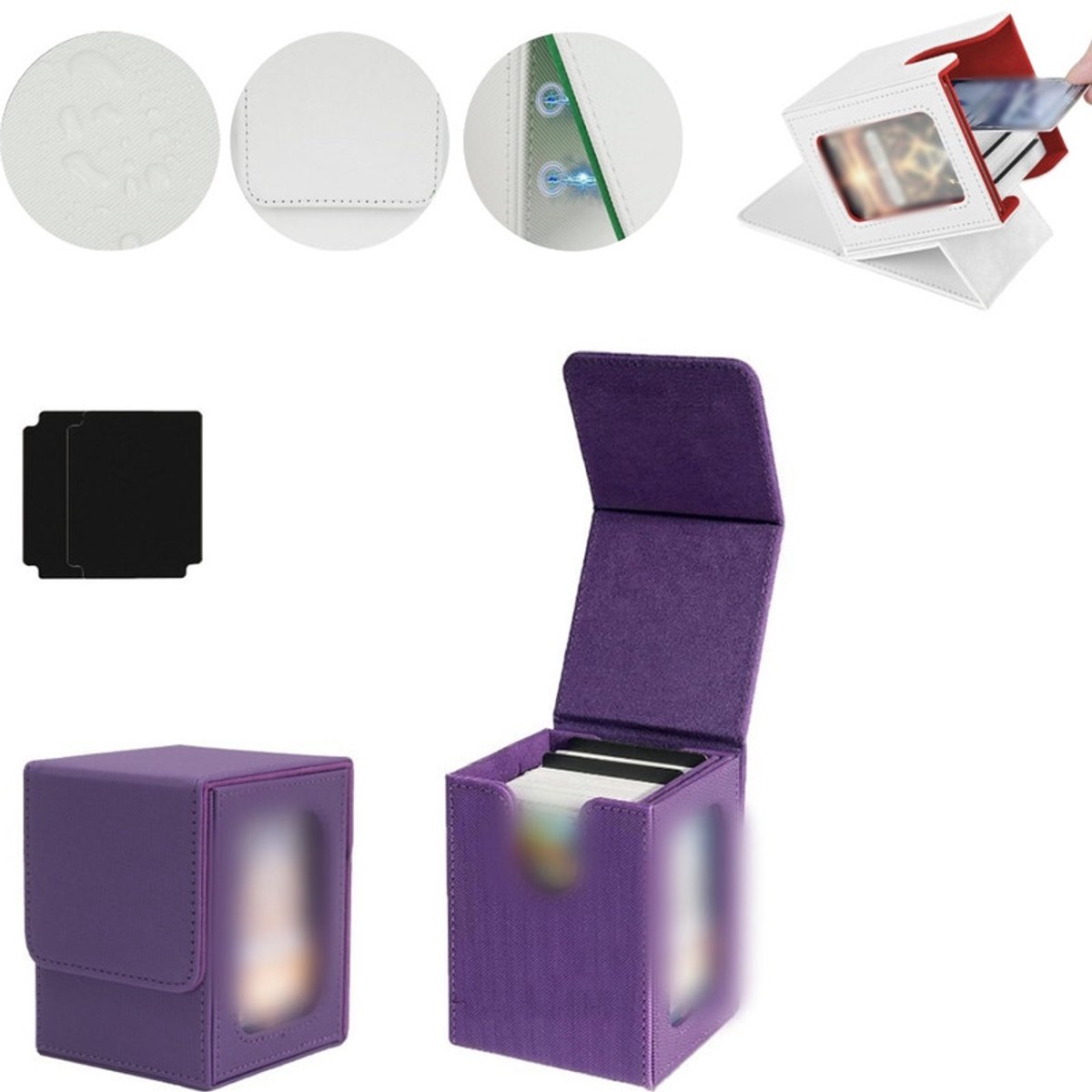 Kaartenopbergdoos – Magnetische TCG-displaydoos – Geschikt voor 100 kaarten met dubbele sleeves – Verticale deckbox van PU-leer – Verzameldoos met kijkvenster – 8,5 x 9,5 x 11,2 cm