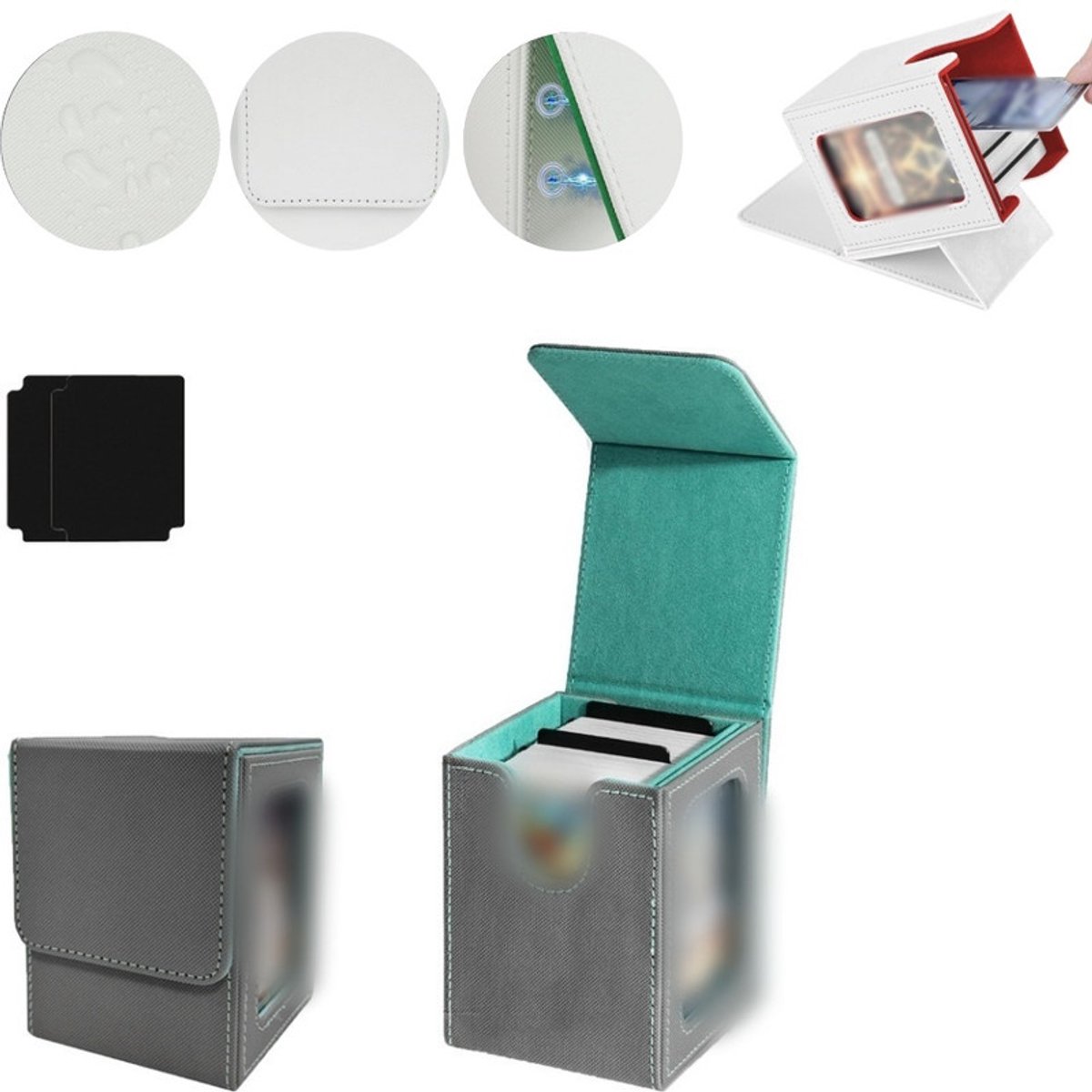 Kaartenopbergdoos – Magnetische TCG-displaydoos – Geschikt voor 100 kaarten met dubbele sleeves – Verticale deckbox van PU-leer – Verzameldoos met kijkvenster – 8,5 x 9,5 x 11,2 cm