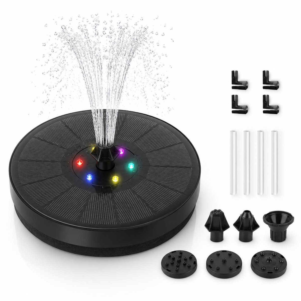 LED Zonnefontein - Solar Fonteinpomp en Tuinfontein voor Vogelbad, Vijver en Tuin met 7 Sproeikoppen, IPX8 Waterdicht, Ø16 cm - Lemonmax