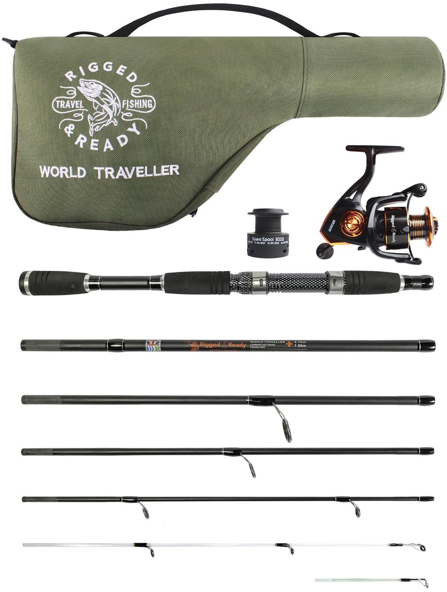SnelShoppen - World Traveller Travel Hengel Reel & Case Set - Compact 6 Secties 215cm + 1.9cm Nano-Carbon Hengel - Spin Aas Karper Snoek Zee Vissen