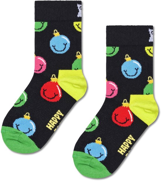Zwarte sokken met vrolijke kerstballen met gezichtjes in rood, blauw en groen. Geel met groene boorden.