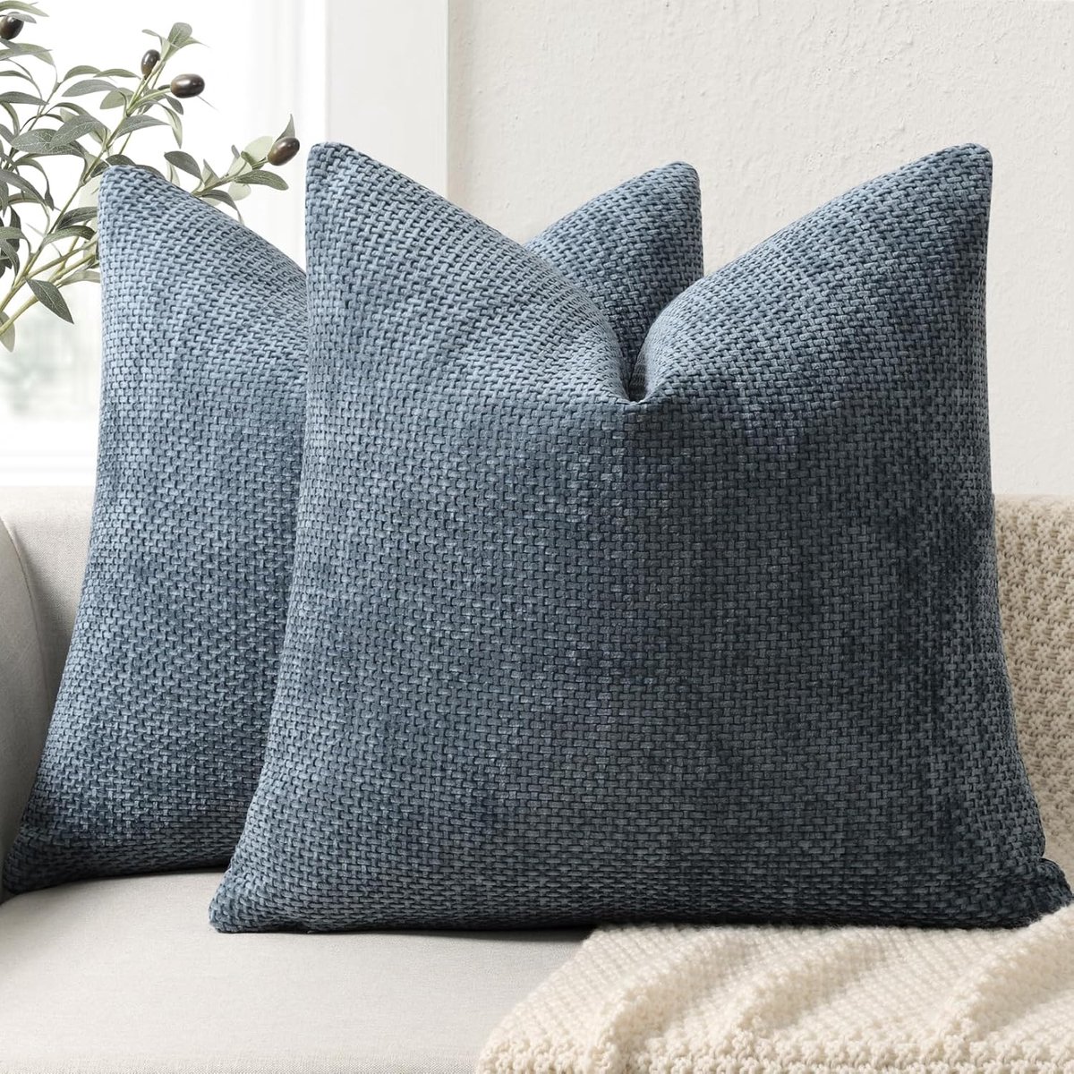 SnelShoppen - Set van 2 Zachte Chenille Kussenslopen 40 x 40 cm, Blauw Jeans voor Woondecoratie, Luxe Bankkussenhoezen voor Bank, Bed en Woonkamer