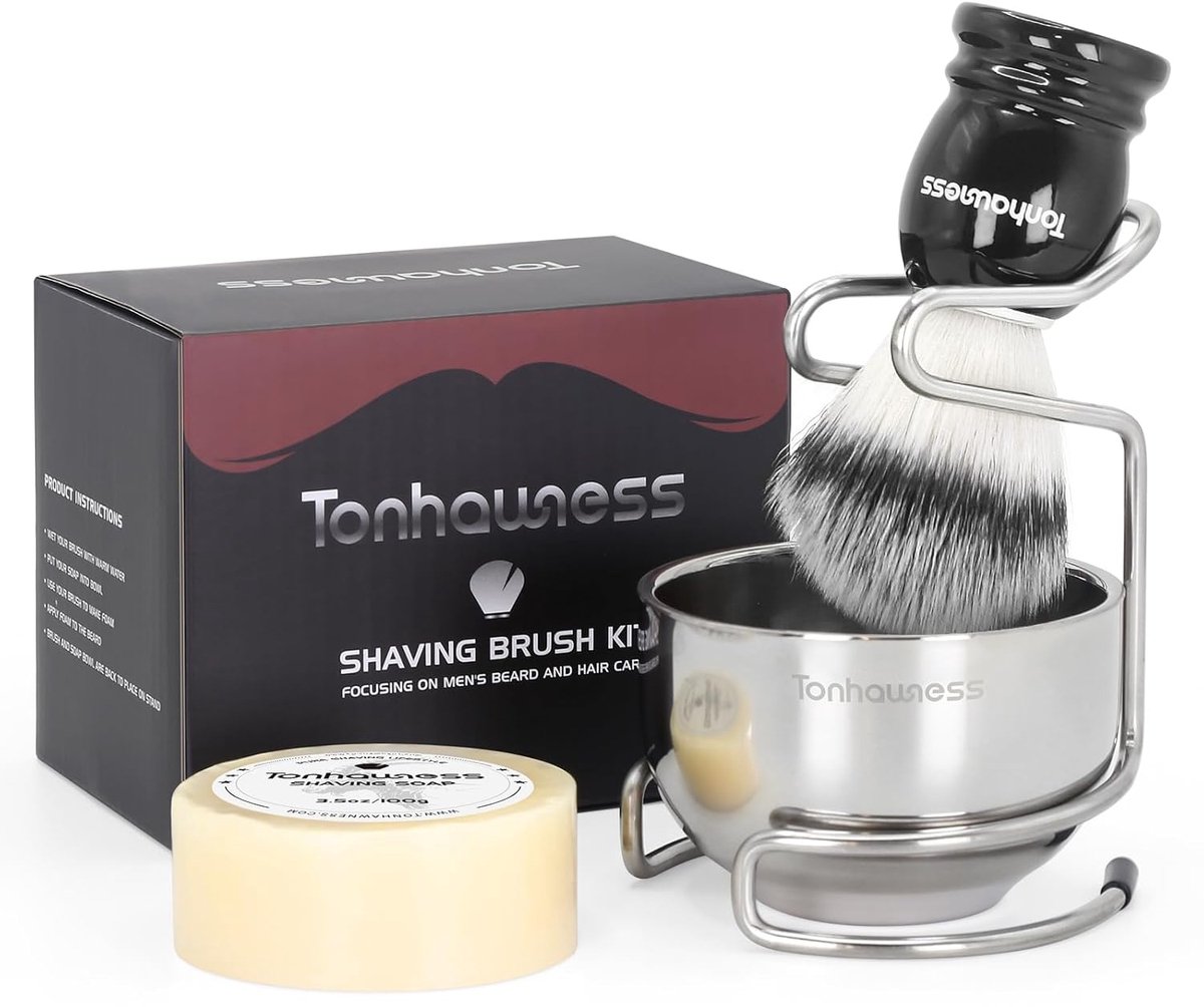 SnelShoppen - Tonhawness Scheerkwastenset voor Mannen, 4-in-1 Scheerset met Nylon Scheerborstel, Scheerkom, Standaard en Scheerzeepset voor Heren, Ide