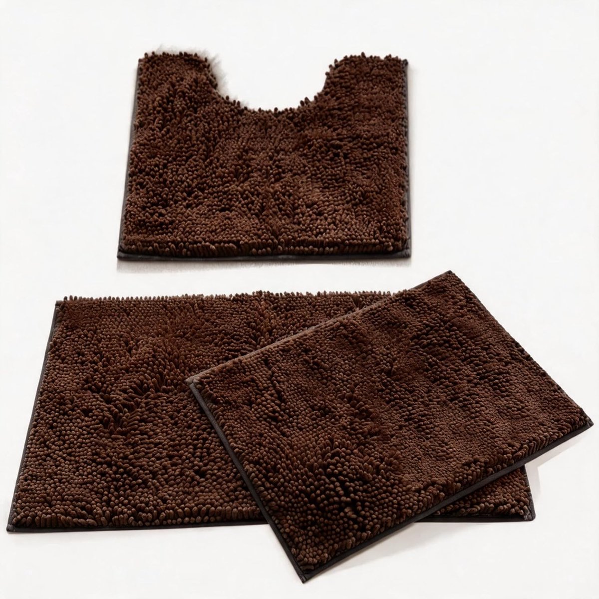 SnelShoppen - MEGAROOM Chenille Badkamertapijt 3-delig, Ultrazachte Badmat en U-vormige WC-mat, Antislip en Wasbaar, Donkerbruin voor Badkamer, Toilet