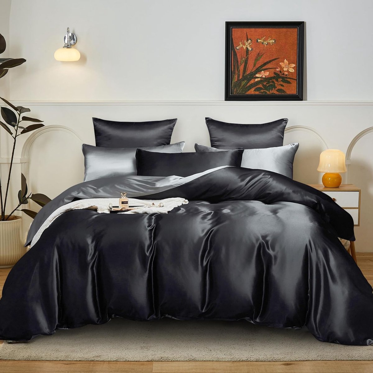 SnelShoppen - Satijnen Beddengoed Set 220 x 240 cm, Omkeerbaar Zwart en Donkergrijs, Zijdezacht 3-delig met Ritssluiting en 2 Kussenslopen 80 x 80 cm
