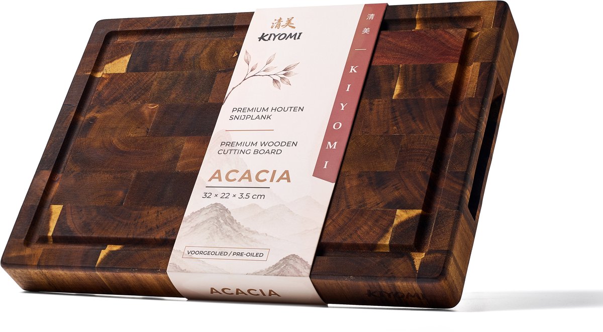 Kiyomi Houten Snijplank van Acaciahout – Professioneel Hakblok van Kopshout (End Grain) met Sapgeul, Handgrepen & Anti-slip – 32 x 22 x 3,5 cm
