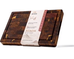 Kiyomi Houten Snijplank van Acaciahout – Professioneel Hakblok van Kopshout (End Grain) met Sapgeul, Handgrepen & Anti-slip – 32 x 22 x 3,5 cm
