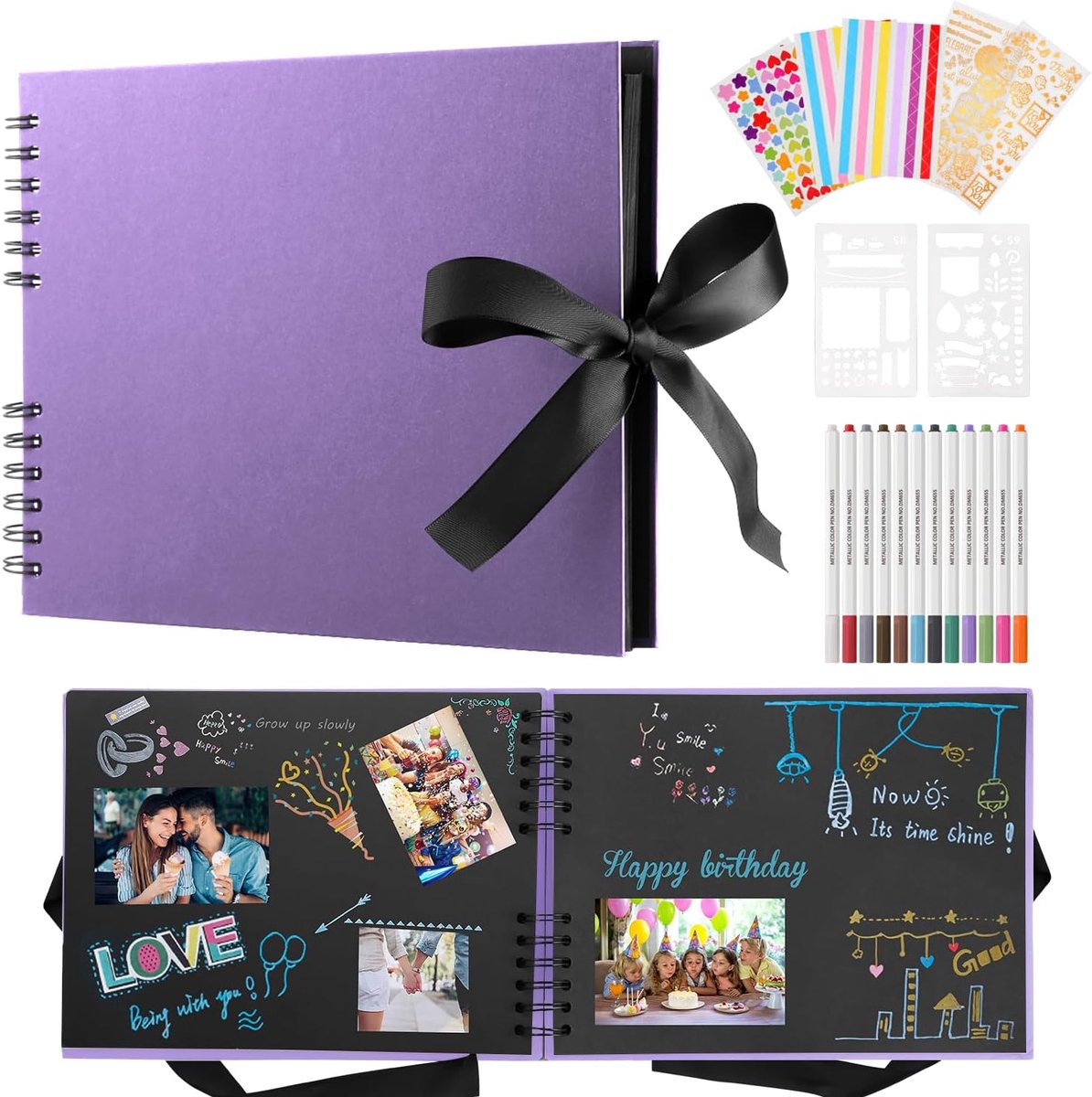 SnelShoppen - Fotoalbum 29,5 x 21 cm, zwart fotoboek met 80 pagina's, scrapbook voor 240 foto's, inclusief 12 metallic kleurstiften, gastenboek voor v